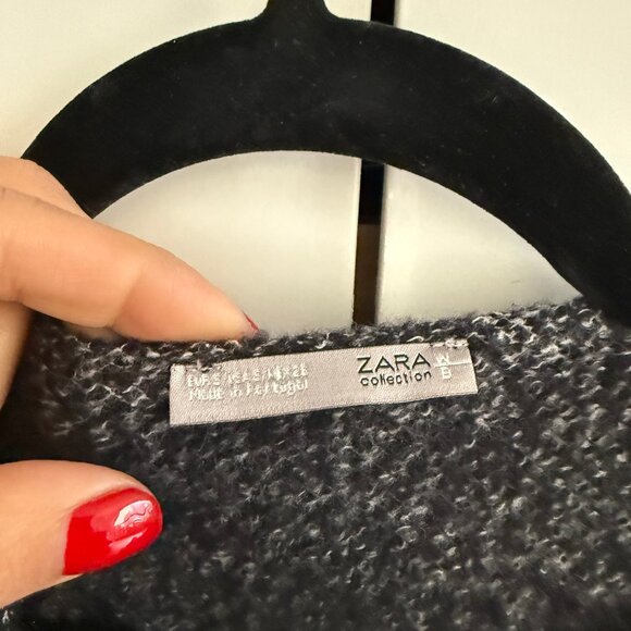 Zara Grey Cardigan Over Coat Black Faux Leather Trim Open Front Pockets S - Picture 2 of 3